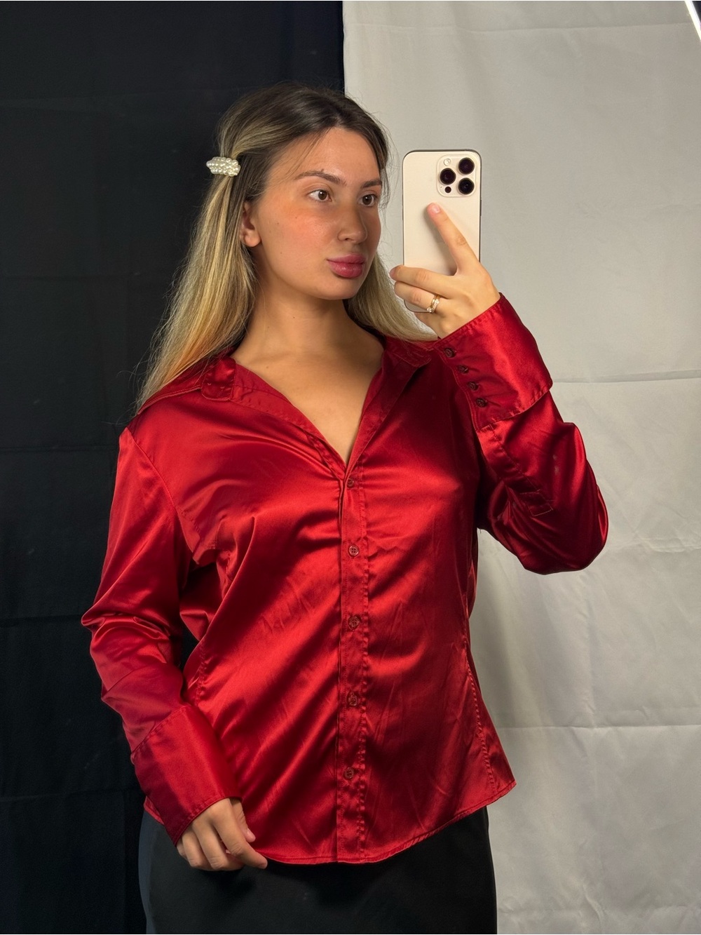 New York & Company Red Satin Button-Down Shirt